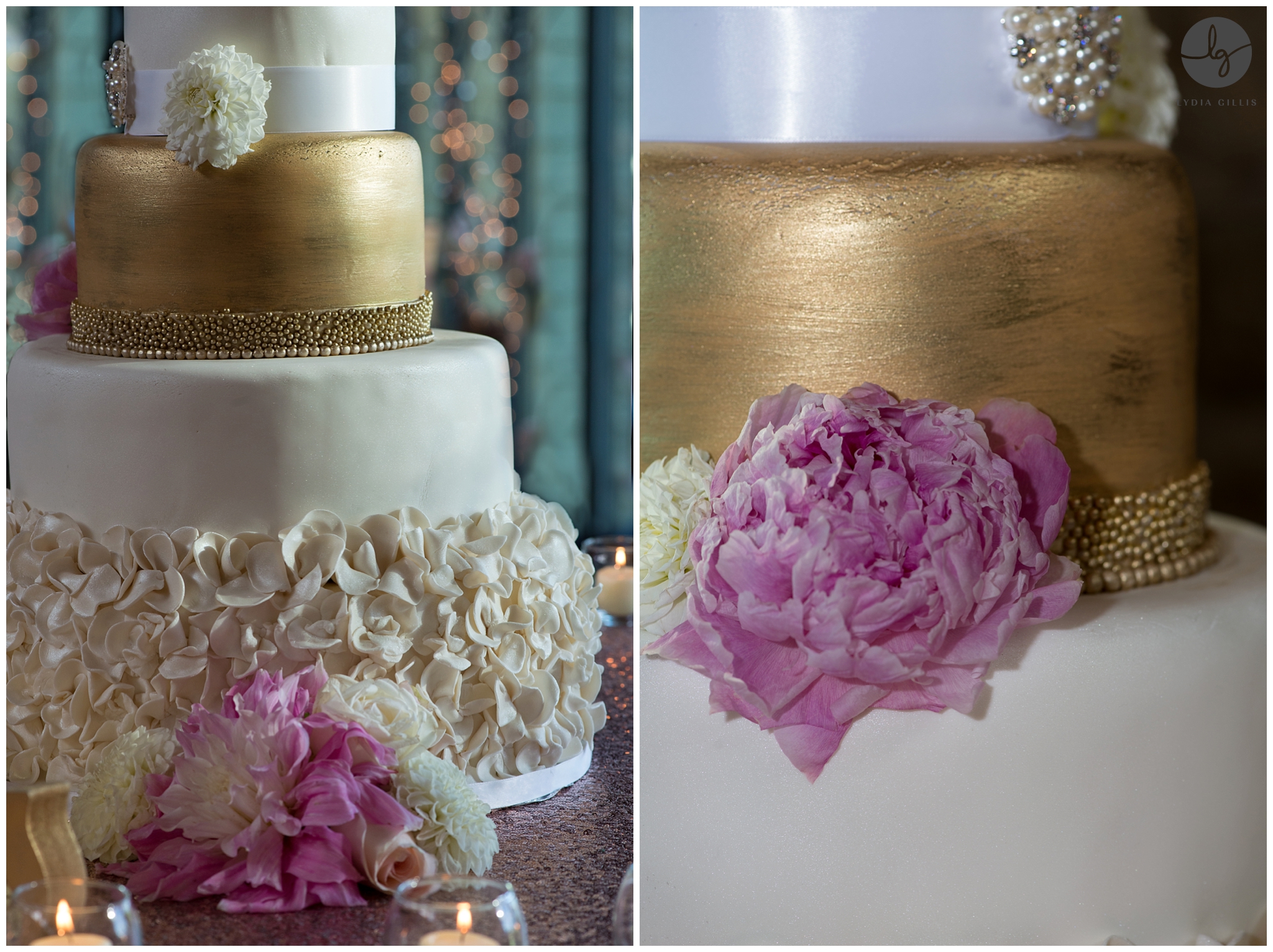 White and gold cake with peonies | Lydia Gillis Photography