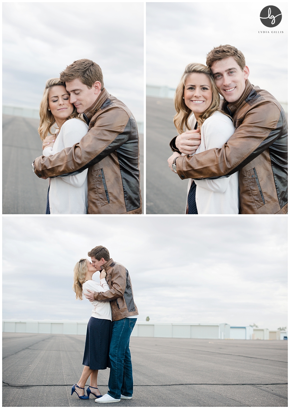 sunrise engagement session at an airfield 