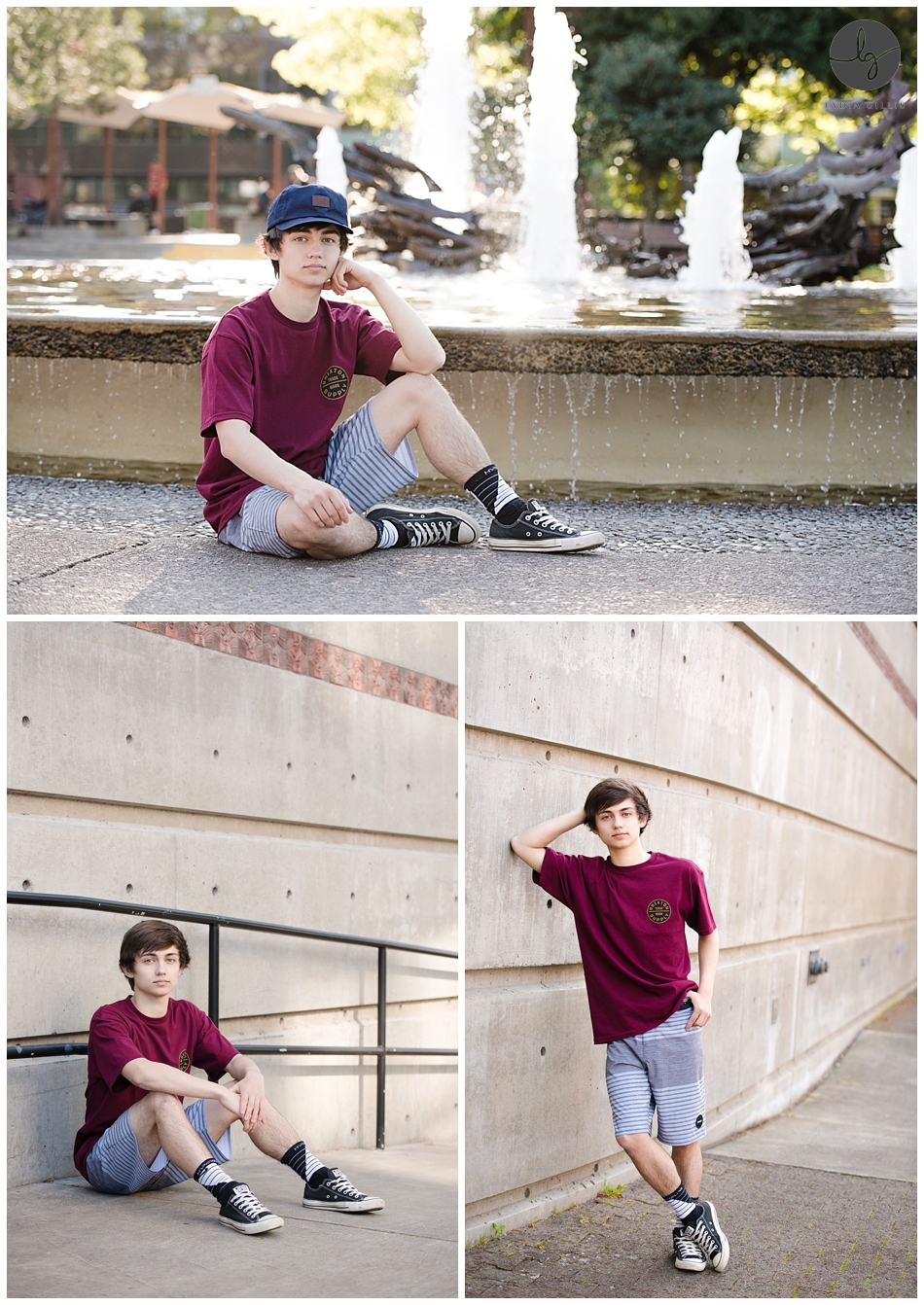 Downtown Eugene Senior picture of boy by fountain